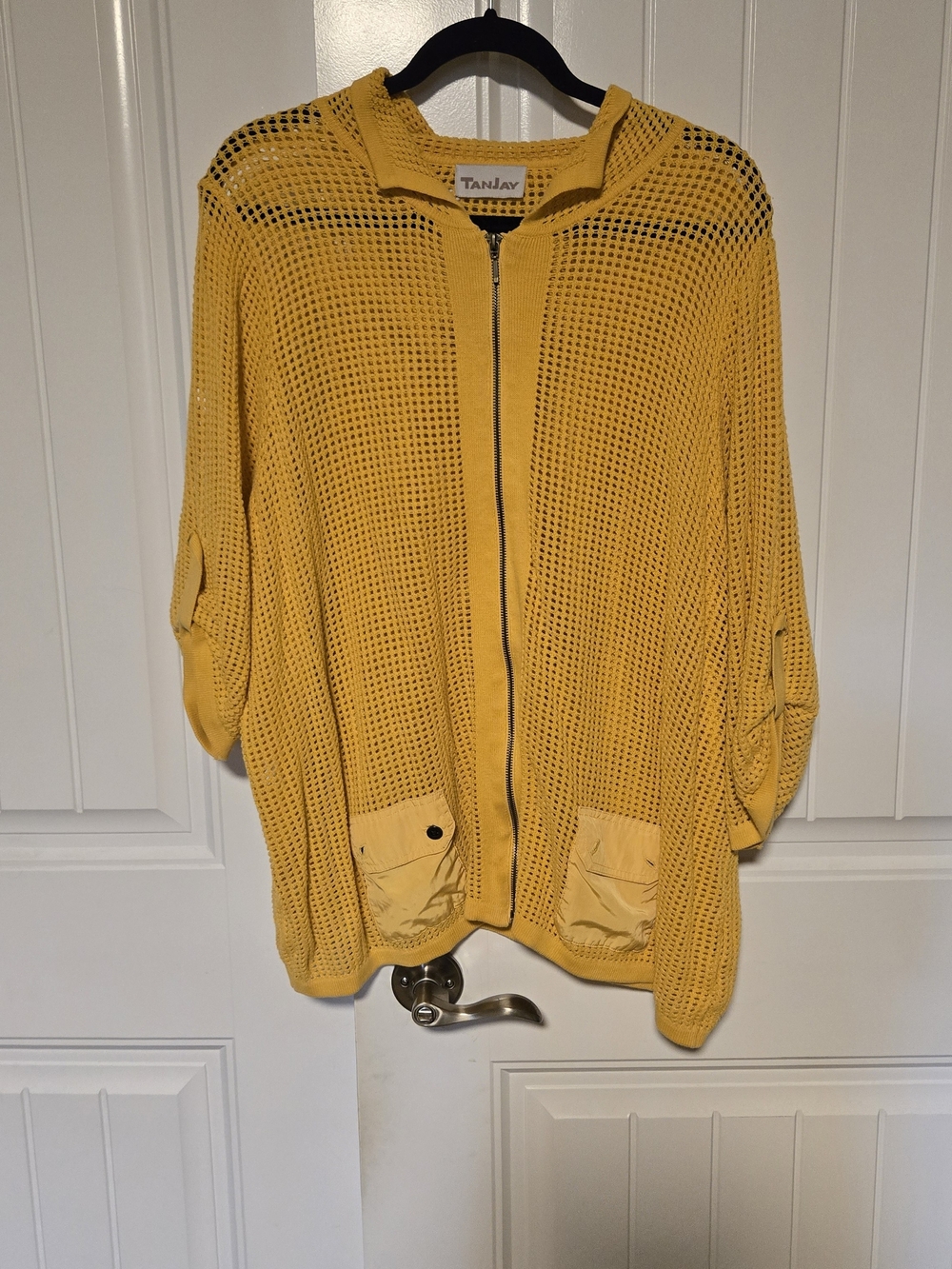 TanJay Women's Yellow Open-Knit Zip Front Sweater